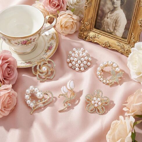 6PCS Brooches and Pins, Pearl Flower Brooches for Women | Glod Crystal Floral Pins, Rhinestone Pearl Brooch Fashion Elegant Golden Pin for Wedding Appreciation Ceremony Bridal Decor G in Saudi Arabia