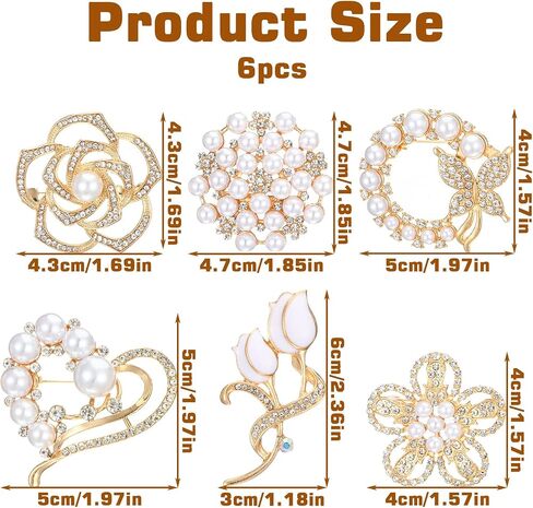 6PCS Brooches and Pins, Pearl Flower Brooches for Women | Glod Crystal Floral Pins, Rhinestone Pearl Brooch Fashion Elegant Golden Pin for Wedding Appreciation Ceremony Bridal Decor G in Saudi Arabia