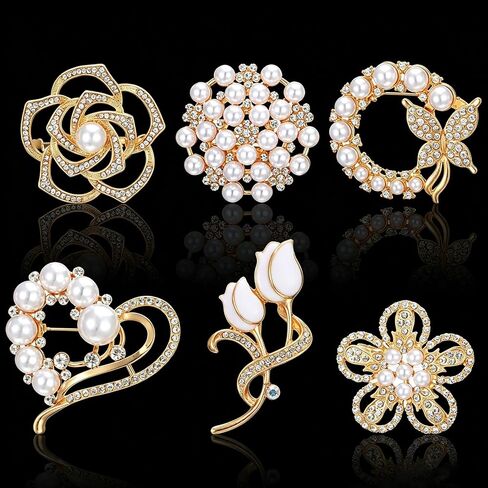 6PCS Brooches and Pins, Pearl Flower Brooches for Women | Glod Crystal Floral Pins, Rhinestone Pearl Brooch Fashion Elegant Golden Pin for Wedding Appreciation Ceremony Bridal Decor G in Saudi Arabia