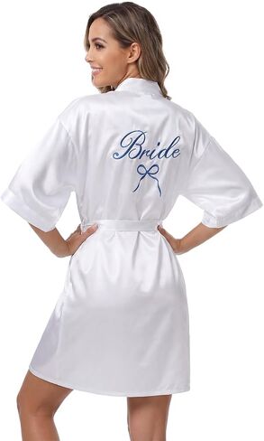 Mprocen Bride Satin Kimono Robe Blue Embroidered Bride Bridesmaid Robes Short Soft Sleepwear for Wedding Party Bridal Outfits Getting Ready in Saudi Arabia