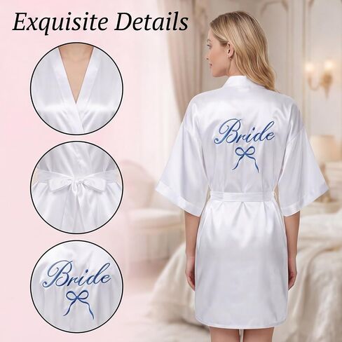 Mprocen Bride Satin Kimono Robe Blue Embroidered Bride Bridesmaid Robes Short Soft Sleepwear for Wedding Party Bridal Outfits Getting Ready in Saudi Arabia