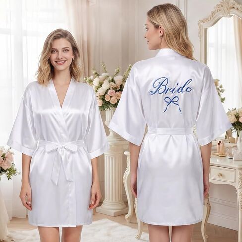 Mprocen Bride Satin Kimono Robe Blue Embroidered Bride Bridesmaid Robes Short Soft Sleepwear for Wedding Party Bridal Outfits Getting Ready in Saudi Arabia