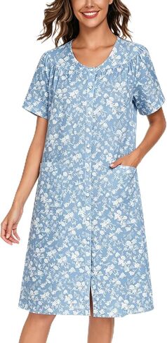 YOZLY Women's Cotton Button Down Short Sleeve House Dress Housecoat Lounger Robe with Pockets 3-XXXL in Saudi Arabia