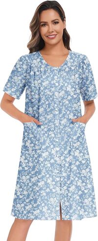 YOZLY Women's Cotton Button Down Short Sleeve House Dress Housecoat Lounger Robe with Pockets 3-XXXL in Saudi Arabia