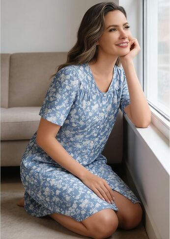 YOZLY Women's Cotton Button Down Short Sleeve House Dress Housecoat Lounger Robe with Pockets 3-XXXL in Saudi Arabia