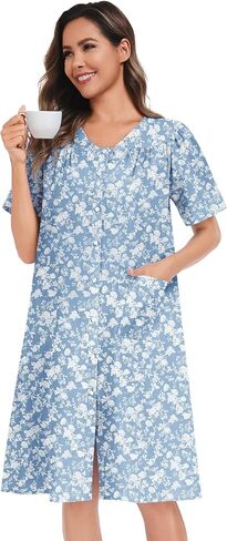 YOZLY Women's Cotton Button Down Short Sleeve House Dress Housecoat Lounger Robe with Pockets 3-XXXL in Saudi Arabia