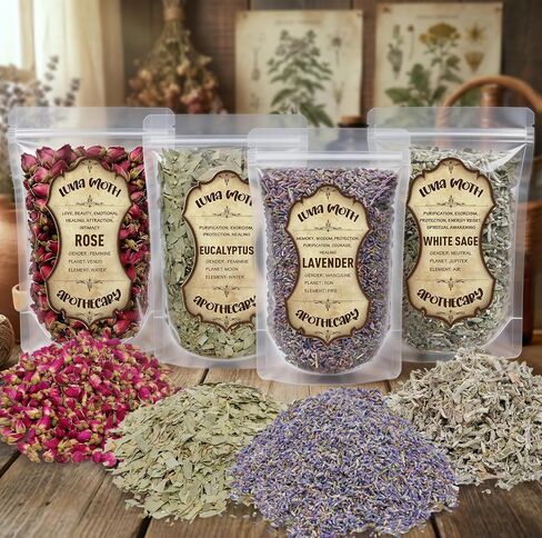 Extra Large Dried Flowers Kit 4pcs - Witchcraft Herbs for Spells Magic, Rituals, DIY Crafts, Potpourri Simmer Pot,Candle Soap Making-Lavender 2.82oz, Rose 3.52oz, White Sage 2.82oz, Eucalyptus 6 oz in Saudi Arabia
