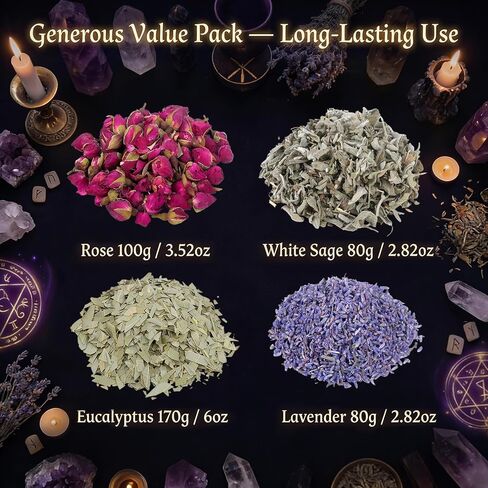 Extra Large Dried Flowers Kit 4pcs - Witchcraft Herbs for Spells Magic, Rituals, DIY Crafts, Potpourri Simmer Pot,Candle Soap Making-Lavender 2.82oz, Rose 3.52oz, White Sage 2.82oz, Eucalyptus 6 oz in Saudi Arabia