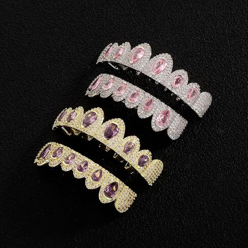 8 أسنان مثلجة، أغطية أسنان كاملة مطلية بالذهب من تشيكوسلوفاكيا مع أحجار كبيرة من قطع الكمثرى، مجوهرات أسنان هيب هوب قابلة للتعديل للرجال والنساء in Kuwait