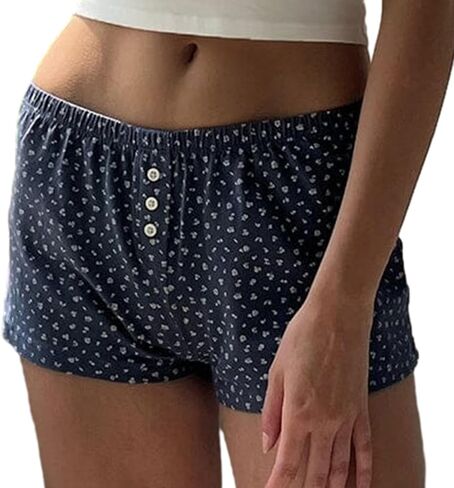 Cute Pajama Shorts for Women Y2K Sexy Low Rise Lounge Floral Shorts Comfy Striped Button Boxers Pj Bottoms Sleepwear (A Blue Floral, S), Small in Kuwait