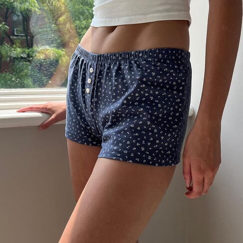 Cute Pajama Shorts for Women Y2K Sexy Low Rise Lounge Floral Shorts Comfy Striped Button Boxers Pj Bottoms Sleepwear (A Blue Floral, S), Small in Kuwait