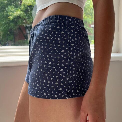 Cute Pajama Shorts for Women Y2K Sexy Low Rise Lounge Floral Shorts Comfy Striped Button Boxers Pj Bottoms Sleepwear (A Blue Floral, S), Small in Kuwait