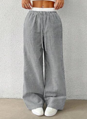 Women's Black Striped Pants Wide Leg Elastic High Waisted Boxer Pants Lounge Pajama Casual Trousers with Pockets in Kuwait