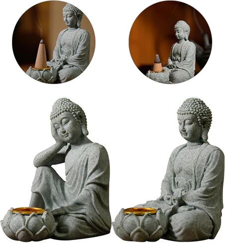 Meditating Buddhas Figurine Stone Sculpture with Tealight Candle Holder Meditation Statue Garden and Indoor Decoration in Saudi Arabia