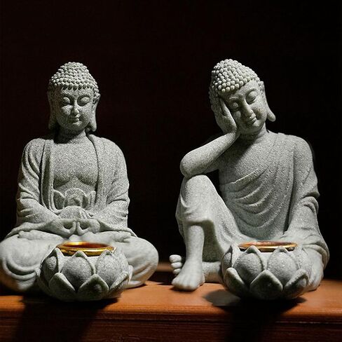 Meditating Buddhas Figurine Stone Sculpture with Tealight Candle Holder Meditation Statue Garden and Indoor Decoration in Saudi Arabia