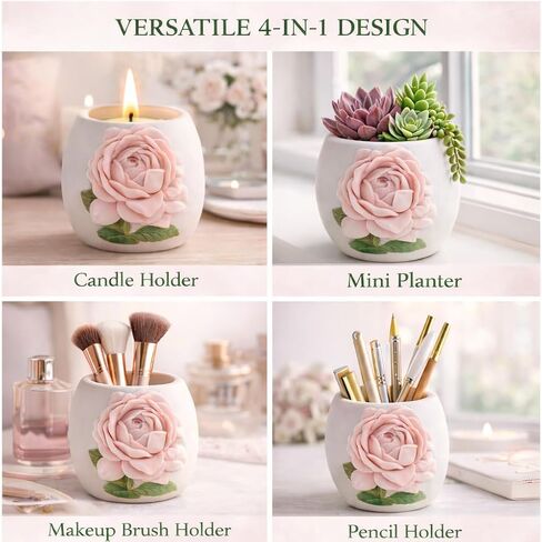 Pink Rose Votive Tea Light Candle Holder & Mini Planter Pot – 4" Wx3.5 H – Decorative Floral Candle Holder – Toothbrush, Pen, Pencil and Makeup Brush Holder – Home Table Décor Gift by SassyXpressions in Kuwait