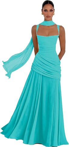 Pleated Chiffon Bridesmaid Dresses for Women 2026 Long A Line Formal Wedding Guest Dress with Scarf in Saudi Arabia