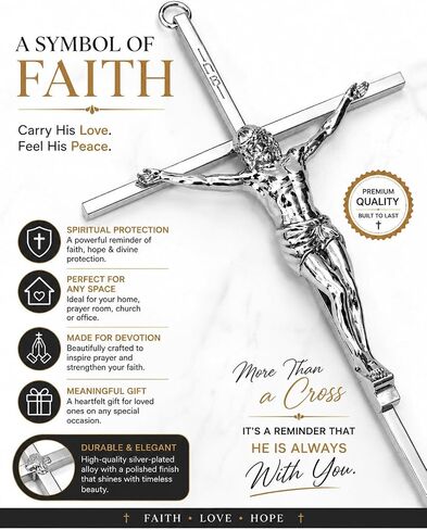 Aura Zen Store Silver Metal Crucifix 7" | Catholic Jesus Wall Cross for Home, Prayer, Funeral & Coffin Use | Durable Silver-Plated Alloy Religious Cruz for Devotion & Protection in Kuwait