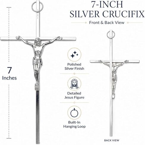 Aura Zen Store Silver Metal Crucifix 7" | Catholic Jesus Wall Cross for Home, Prayer, Funeral & Coffin Use | Durable Silver-Plated Alloy Religious Cruz for Devotion & Protection in Kuwait