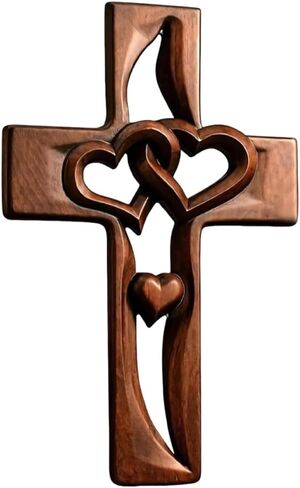 Bazuo Hand-Carved Intertwined Hearts Wooden Cross, Vintage Wooden Intertwined Heart-Shaped Cross, Hangable Wedding Cross Wall Decor (Retro) in Saudi Arabia