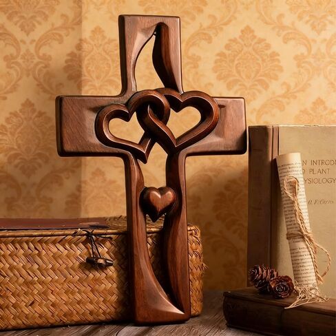 Bazuo Hand-Carved Intertwined Hearts Wooden Cross, Vintage Wooden Intertwined Heart-Shaped Cross, Hangable Wedding Cross Wall Decor (Retro) in Saudi Arabia
