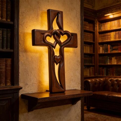 Bazuo Hand-Carved Intertwined Hearts Wooden Cross, Vintage Wooden Intertwined Heart-Shaped Cross, Hangable Wedding Cross Wall Decor (Retro) in Saudi Arabia