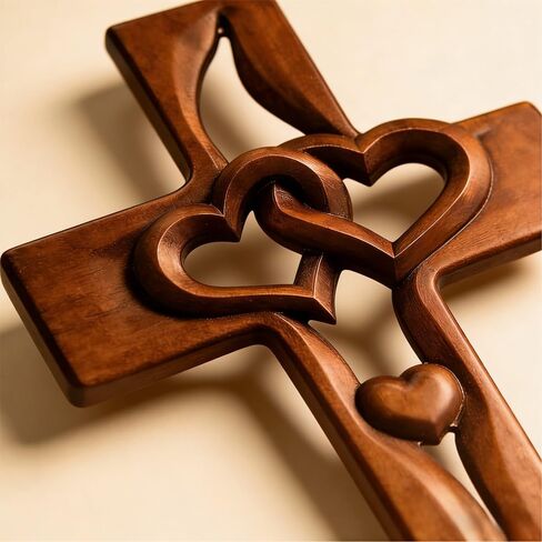 Bazuo Hand-Carved Intertwined Hearts Wooden Cross, Vintage Wooden Intertwined Heart-Shaped Cross, Hangable Wedding Cross Wall Decor (Retro) in Saudi Arabia