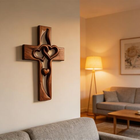 Bazuo Hand-Carved Intertwined Hearts Wooden Cross, Vintage Wooden Intertwined Heart-Shaped Cross, Hangable Wedding Cross Wall Decor (Retro) in Saudi Arabia