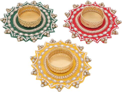 Set of 3 Tea Light Holder T Light Holders Candle Stand Tealight Holders for Indian Traditional Festival Decorations Lighting Accessories Wedding Home Decor (Size:-4")(without Wax)(Red,Green,Yellow) in Kuwait