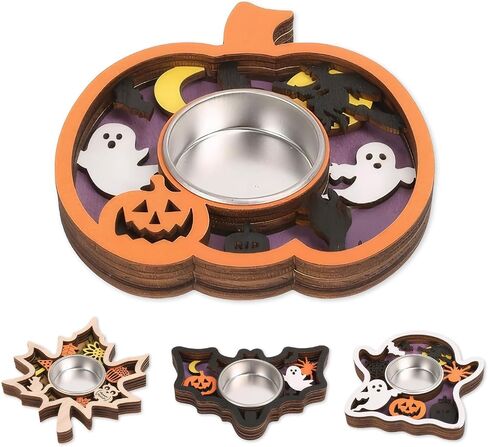 Halloween Tea Light Candle Holders, Wood, 4 Pieces Set with Pumpkin, Bat, Leaf, Ghost Designs (Purple-Pumpkin) in Saudi Arabia