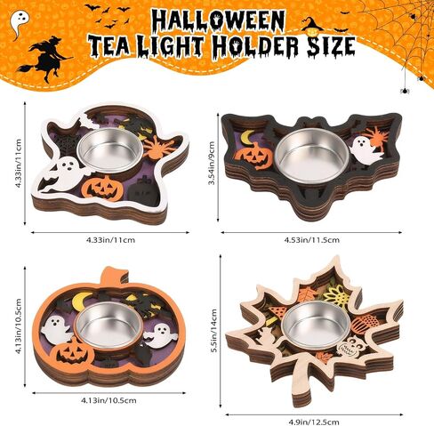 Halloween Tea Light Candle Holders, Wood, 4 Pieces Set with Pumpkin, Bat, Leaf, Ghost Designs (Purple-Pumpkin) in Saudi Arabia