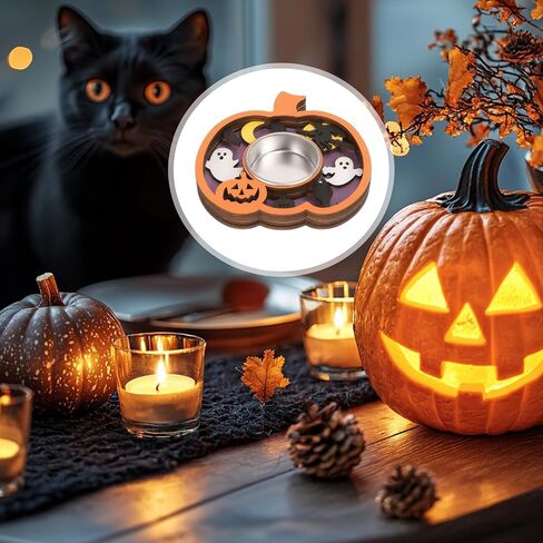 Halloween Tea Light Candle Holders, Wood, 4 Pieces Set with Pumpkin, Bat, Leaf, Ghost Designs (Purple-Pumpkin) in Saudi Arabia