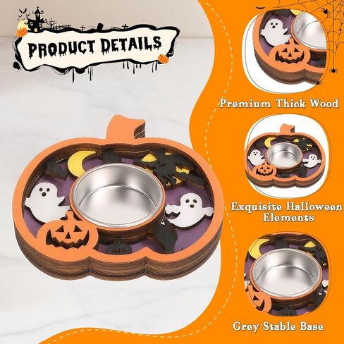 Halloween Tea Light Candle Holders, Wood, 4 Pieces Set with Pumpkin, Bat, Leaf, Ghost Designs (Purple-Pumpkin) in Saudi Arabia