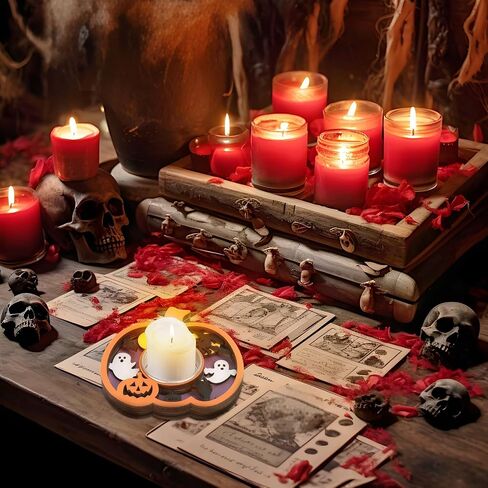 Halloween Tea Light Candle Holders, Wood, 4 Pieces Set with Pumpkin, Bat, Leaf, Ghost Designs (Purple-Pumpkin) in Saudi Arabia