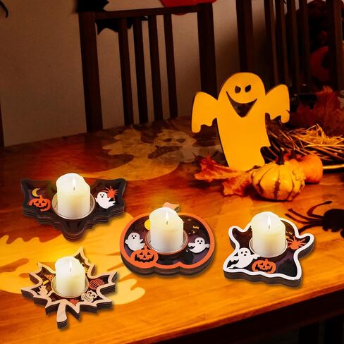 Halloween Tea Light Candle Holders, Wood, 4 Pieces Set with Pumpkin, Bat, Leaf, Ghost Designs (Purple-Pumpkin) in Saudi Arabia