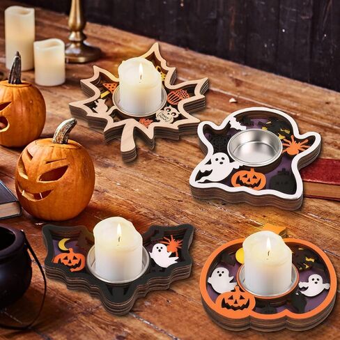Halloween Tea Light Candle Holders, Wood, 4 Pieces Set with Pumpkin, Bat, Leaf, Ghost Designs (Purple-Pumpkin) in Saudi Arabia