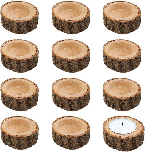 12 Pack Wooden Tealight Candle Holders, Rustic Wood Votive Tealight Holder Personalized Tea Light Candle Holder Candlestick for Table Wedding Party Birthday Holiday Decoration in Saudi Arabia