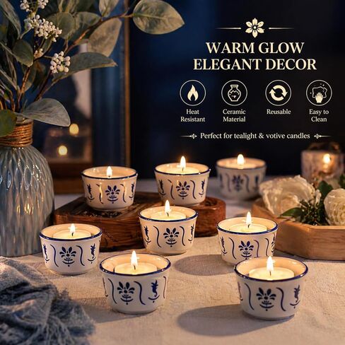 20 قطعة من حوامل شموع Tealight من Teenyyou باللونين الأزرق والأبيض وحوامل شموع نذرية هدايا خزفية من السيراميك لديكور قطعة مركزية لطاولة الزفاف in Kuwait