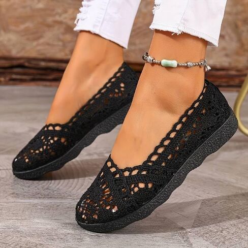 Women's Comfort Breathable Knit Crochet Shoes Lace Ballet Flats 1 Pair Black (Size 7.5-10 in Kuwait