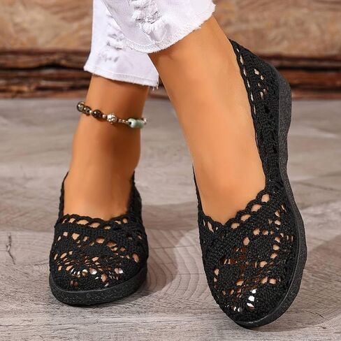 Women's Comfort Breathable Knit Crochet Shoes Lace Ballet Flats 1 Pair Black (Size 7.5-10 in Kuwait