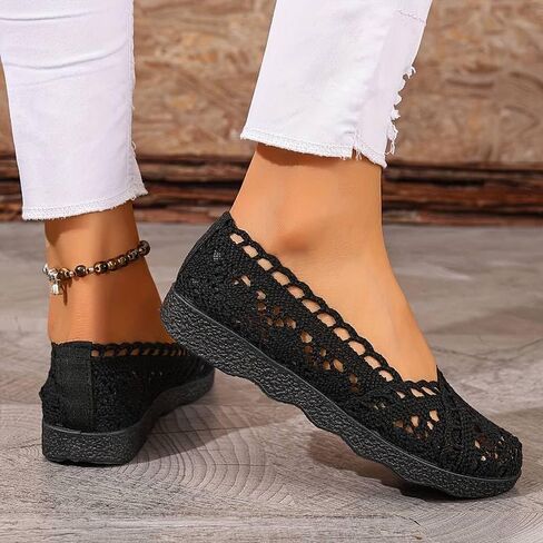 Women's Comfort Breathable Knit Crochet Shoes Lace Ballet Flats 1 Pair Black (Size 7.5-10 in Kuwait