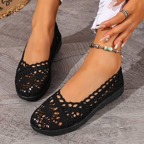 Women's Comfort Breathable Knit Crochet Shoes Lace Ballet Flats 1 Pair Black (Size 7.5-10 in Kuwait