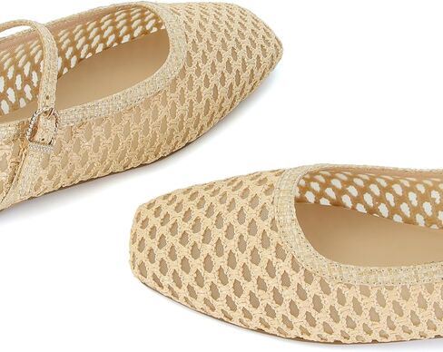 Raffia Woven Ballet Flats Shoes for Women Square Toe Mary Jane Flats Comfortable Dressy Casual Wide Width Ballerina Shoes with Buckle in Saudi Arabia
