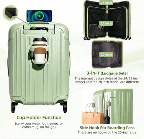 Luggage Sets 3 Piece, Suitcases with Wheels, USB Charging Port And Cup Holder,3 Pcs Hard Shell Lightweight Luggage,20/24/28 Inch(Avocado Green) in Kuwait