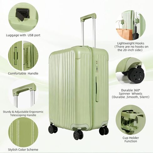 Luggage Sets 3 Piece, Suitcases with Wheels, USB Charging Port And Cup Holder,3 Pcs Hard Shell Lightweight Luggage,20/24/28 Inch(Avocado Green) in Kuwait