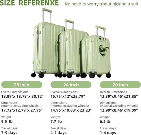 Luggage Sets 3 Piece, Suitcases with Wheels, USB Charging Port And Cup Holder,3 Pcs Hard Shell Lightweight Luggage,20/24/28 Inch(Avocado Green) in Kuwait