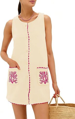 Sleeveless Mini Dress for Women Faux Suede Soft Cover Up with Button Front Summer Casual Embroidered Shift Dress in Saudi Arabia