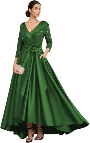Satin Mother of The Bride Dresses V Neck 3/4 Sleeves High-Low Sequin Formal Evening Dress for Wedding HX002 in Saudi Arabia