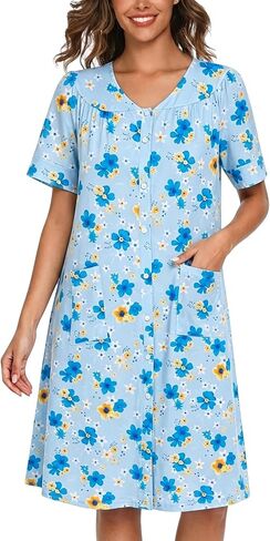 YOZLY Women's Cotton Button Down Short Sleeve House Dress Housecoat Lounger Robe with Pockets 3-XXXL in Saudi Arabia