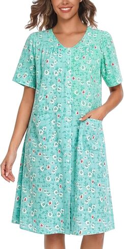 YOZLY Women's Cotton Button Down Short Sleeve House Dress Housecoat Lounger Robe with Pockets 3-XXXL in Saudi Arabia
